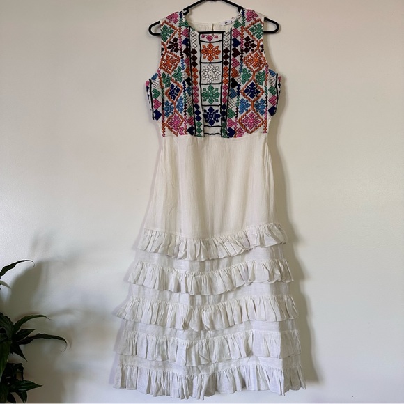 Boho Ethnic Multi color Embroidery Maxi Dress with Frills/ M/ Summer/Festival - Picture 2 of 7